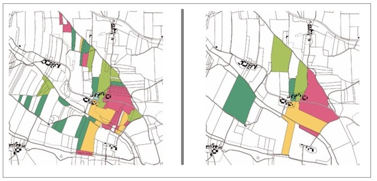 Kartenansicht. Bild links zeigt nicht zusammenhängende Einzelgrundstücke farblich hervorgehoben. Bild rechts zeigt zusammengeführte Grundstücke farblich hervorgehoben.