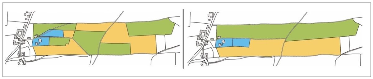 Kartenansicht mit Flurstückgrenzen: Bild links zeigt die unvorteilhafte Verteilung der Grundstücke vor dem Landtausch farblich hervorgehoben. Bild rechts zeigt den vorteilhaften Zusammenschluss der Grundstücke nach dem Landtausch farblich hervorgehoben.