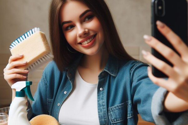 Frau mit Handy und Reinigungsbürste in Selfiehaltung