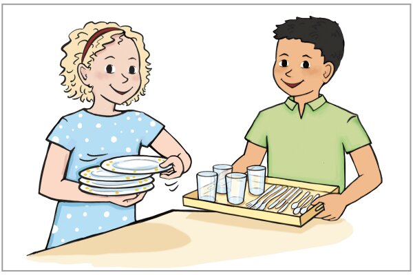 Zeichnung eines Mädchens und eines Jungen, die gemeinsam einen Tisch decken.