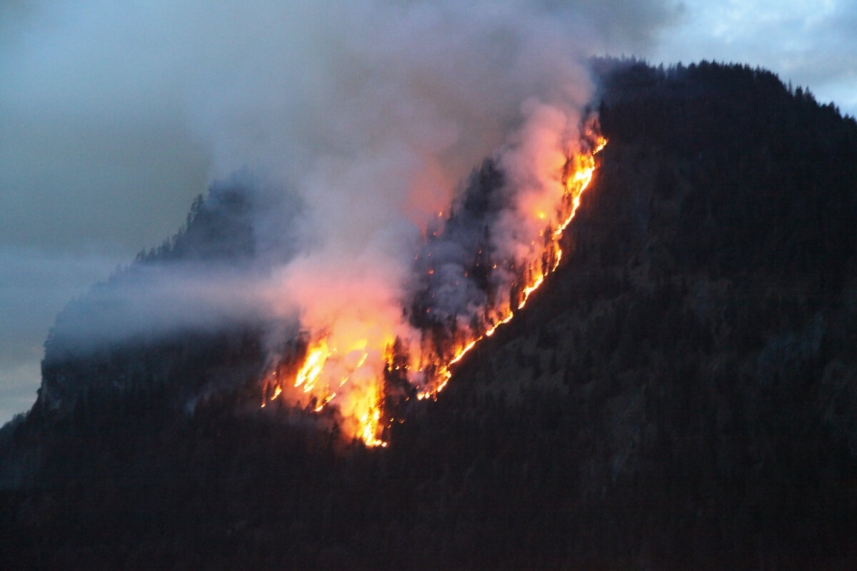 Das Bild zeigt einen brennenden Wald an einem Berghang.
