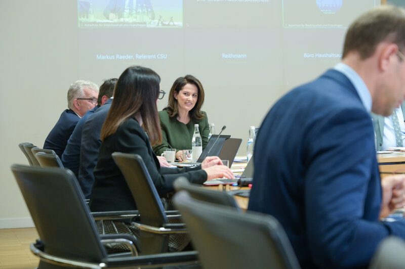 Staatsministerin sitzt an einem Tisch mit weiteren Personen und ist im Gespräch.