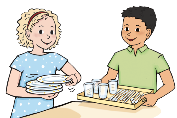 Illustration: Ein Mädchen und ein Junge decken den Tisch