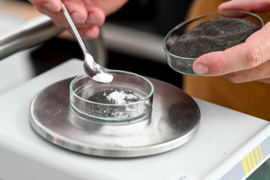 Hand hält Löffel mit weißem Pulver über Petrischale auf einem Metallkreis
