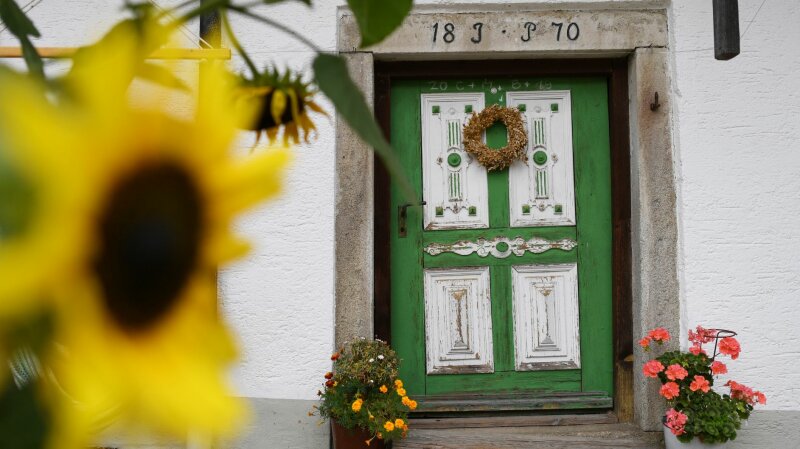 Grüne Haustür eines Bauernhauses. Im Vordergrund steht eine Sonnenblume