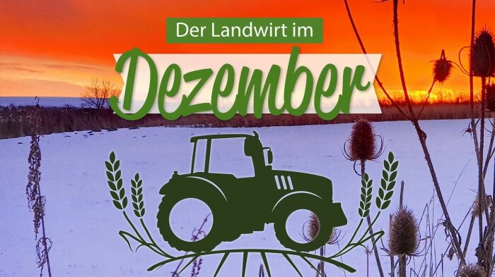 Winterlandschaft mit schneebedecktem Feld und roten Sonnenuntergang. Text: Der Landwirt im Dezember. Als Grafik ist ein Traktor eingeblendet.