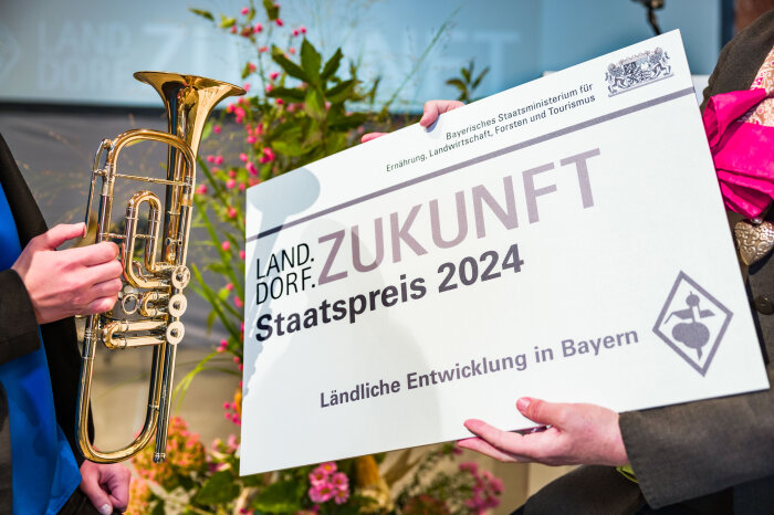 Plakat mit der Aufschrift Land.Dorf.Zukunft; Staatspreis 2024; Ländliche Entwicklung in Bayern