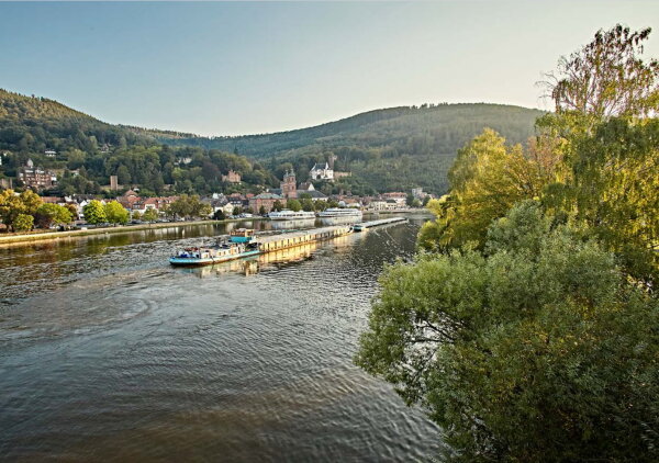 Langes Transportschiff auch einem Fluss in idyllischer Landschaft.