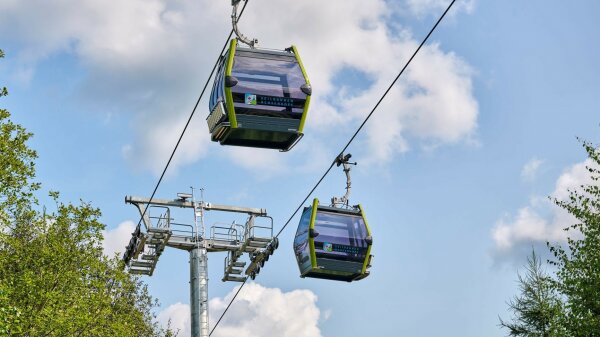 Zwei Seilbahngondeln über Baumwipfeln